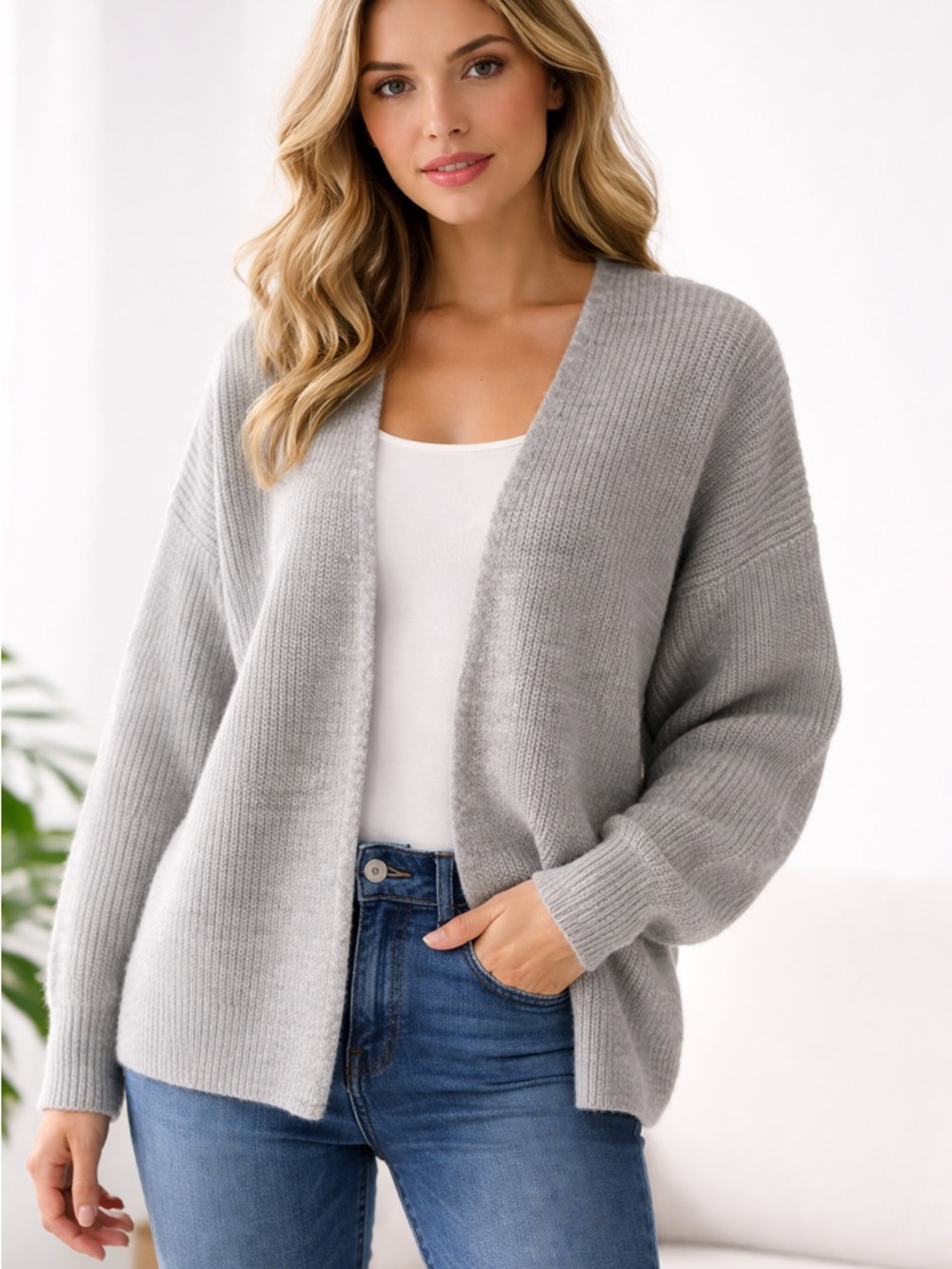 AQUA Cashmere Ribbed Open Cardigan Light Gray Size L NWT Bloomingdale’s